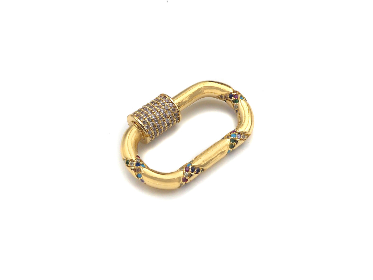 Gold Micro Pave Oval Clasp with Colorful CZ Cross Patten, Oval Lock, CZ Pave carabiner Clasp, 19X30mm, sku#H266