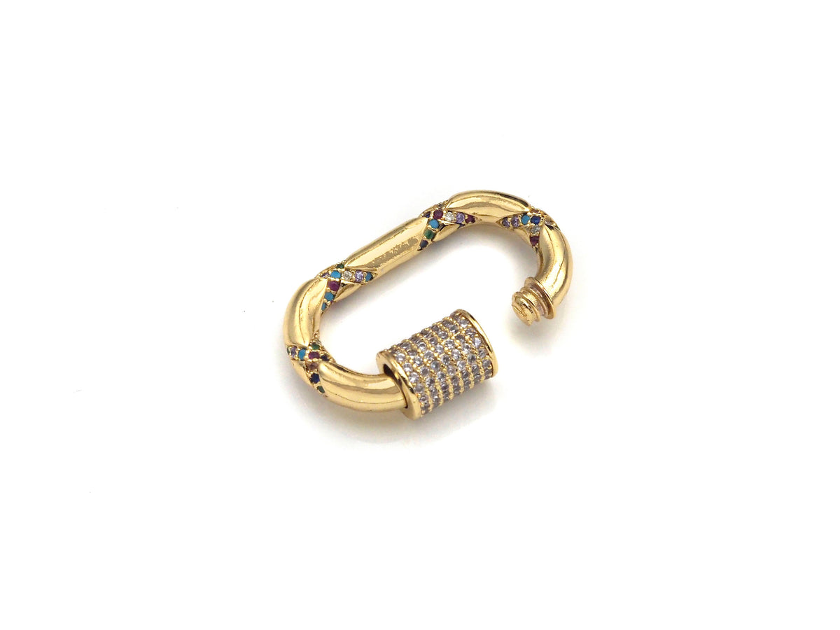 Gold Micro Pave Oval Clasp with Colorful CZ Cross Patten, Oval Lock, CZ Pave carabiner Clasp, 19X30mm, sku#H266