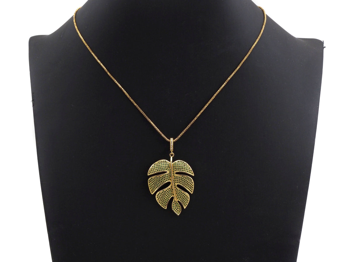 Green CZ Micro Pave Large Leaf  Pendant/Charm, Leaf Cubic Zirconia Pendant, 31x42mm,Sku#F1071
