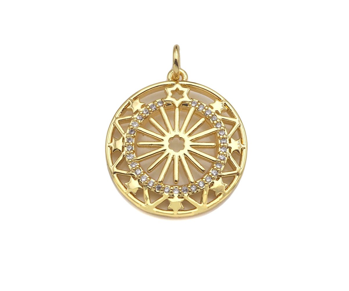 CZ Micro Pave Hollow Out Flower On Round Shape Pendant/Charm, Sku#F1366C