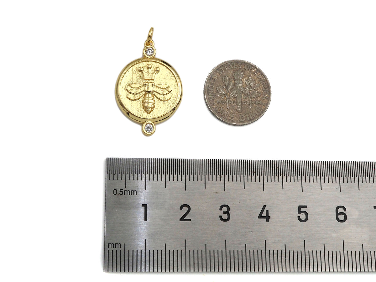 CZ Micro Pave Bee Crown On Round Coin Pendant/Charm, Bracelet Necklace CZ  Round Pendant Charm, Silver/Gold Tone,18x26mm,Sku#L460