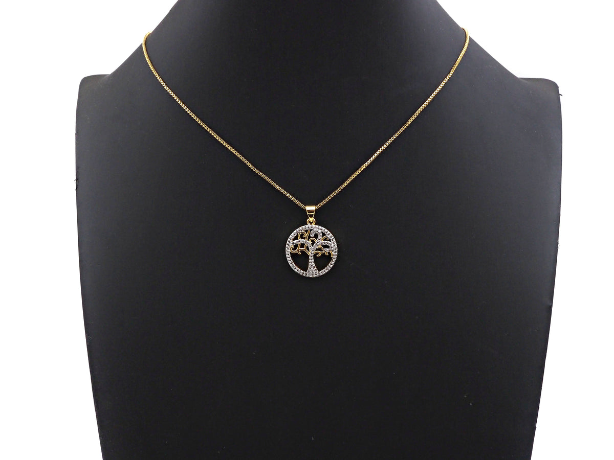 Dual Color Life Tree CZ Micro Pave Round Ring Charms, Life Tree Pendant, Gold Pendant, Round Necklace Charms, 19x22mm, Sku#F1276