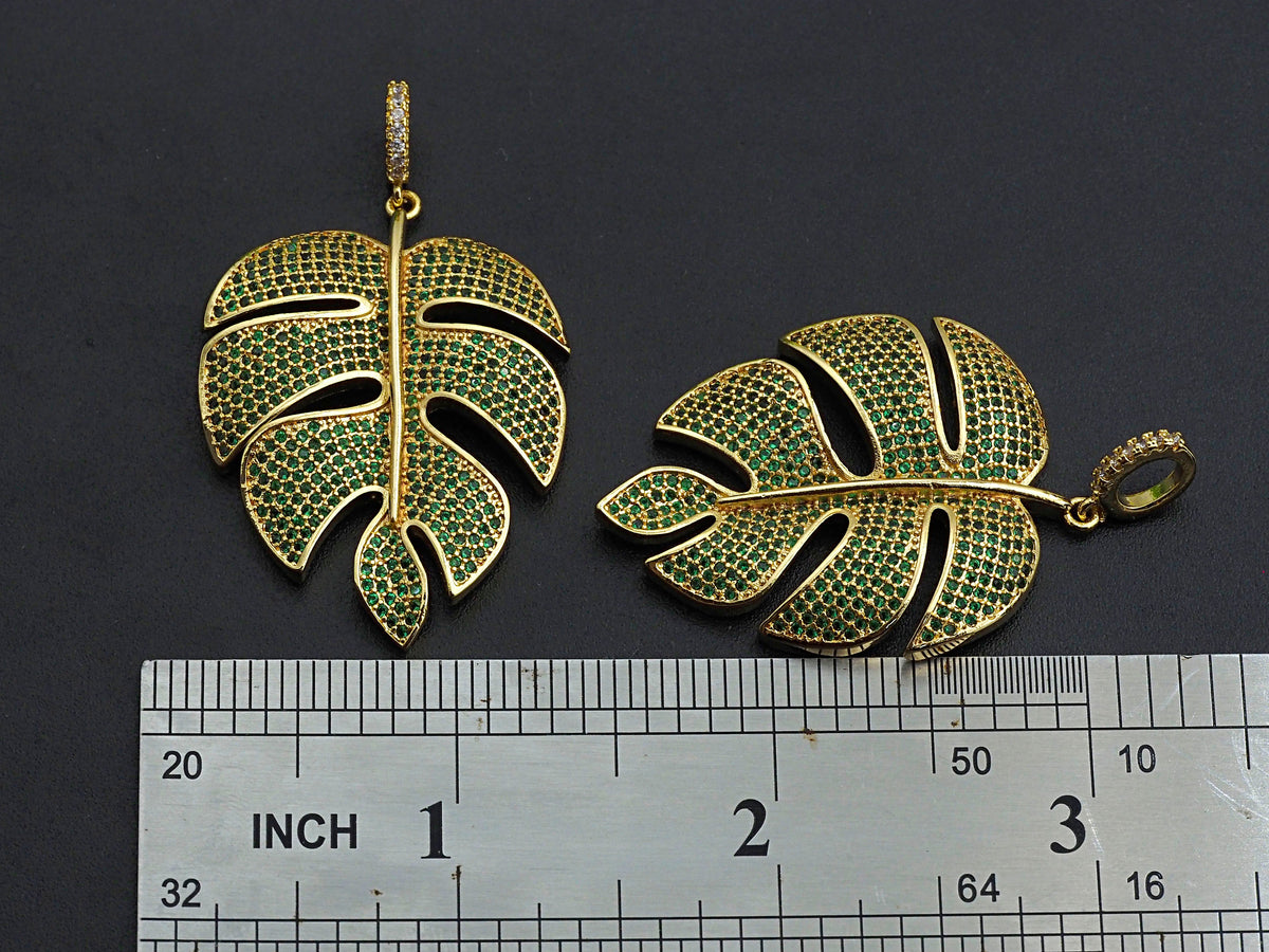 Green CZ Micro Pave Large Leaf  Pendant/Charm, Leaf Cubic Zirconia Pendant, 31x42mm,Sku#F1071