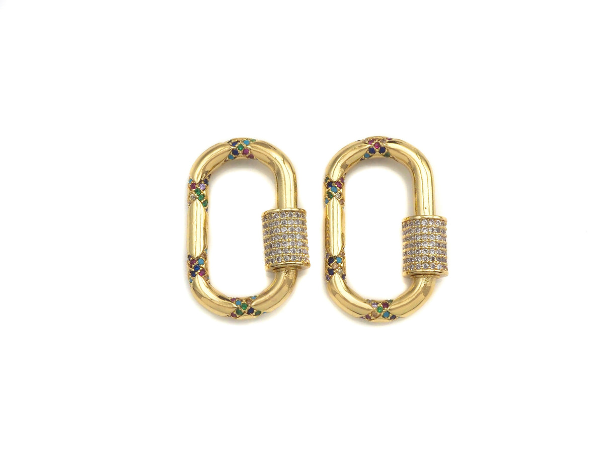 Gold Micro Pave Oval Clasp with Colorful CZ Cross Patten, Oval Lock, CZ Pave carabiner Clasp, 19X30mm, sku#H266