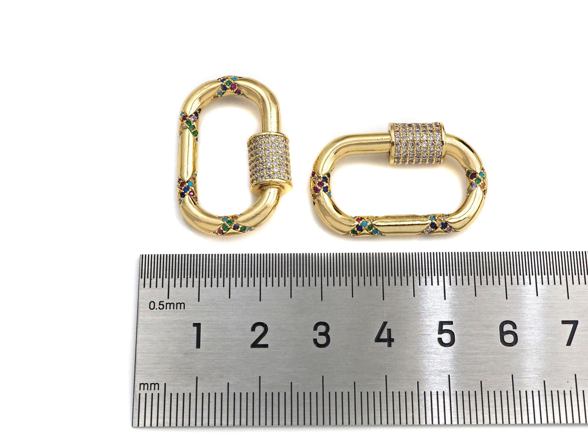 Gold Micro Pave Oval Clasp with Colorful CZ Cross Patten, Oval Lock, CZ Pave carabiner Clasp, 19X30mm, sku#H266