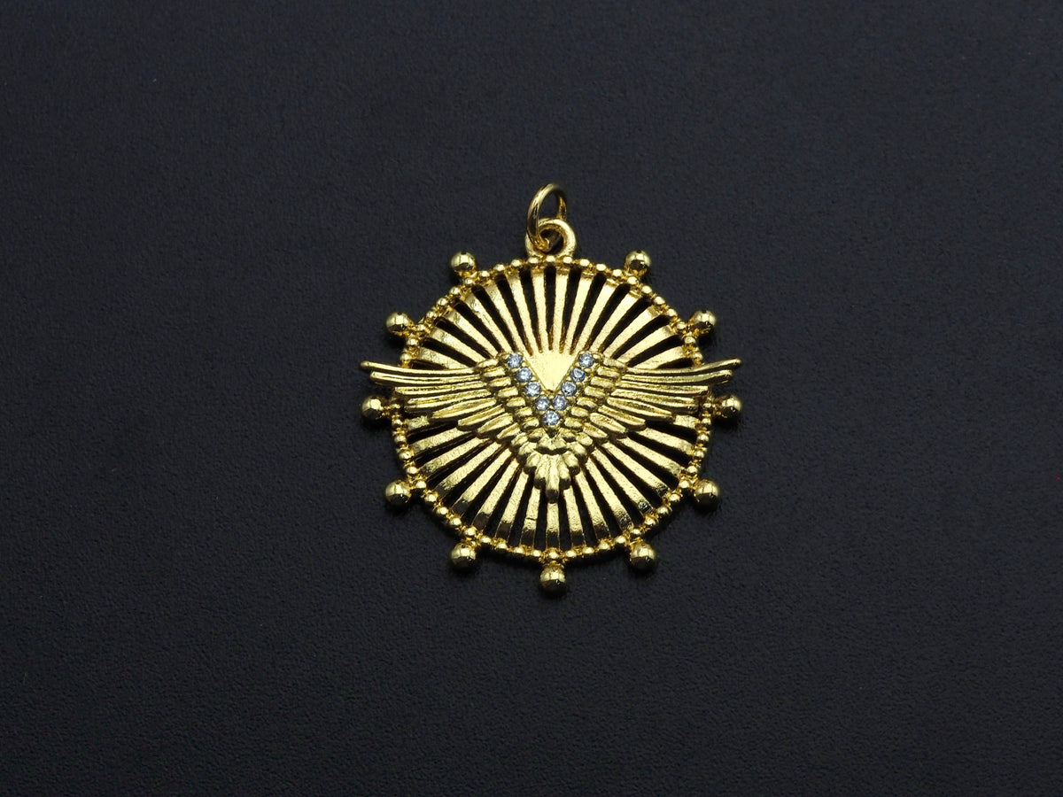 CZ Micro Pave Medallion Wing Pendant/Charm, 25x26mm, Sku#FH22
