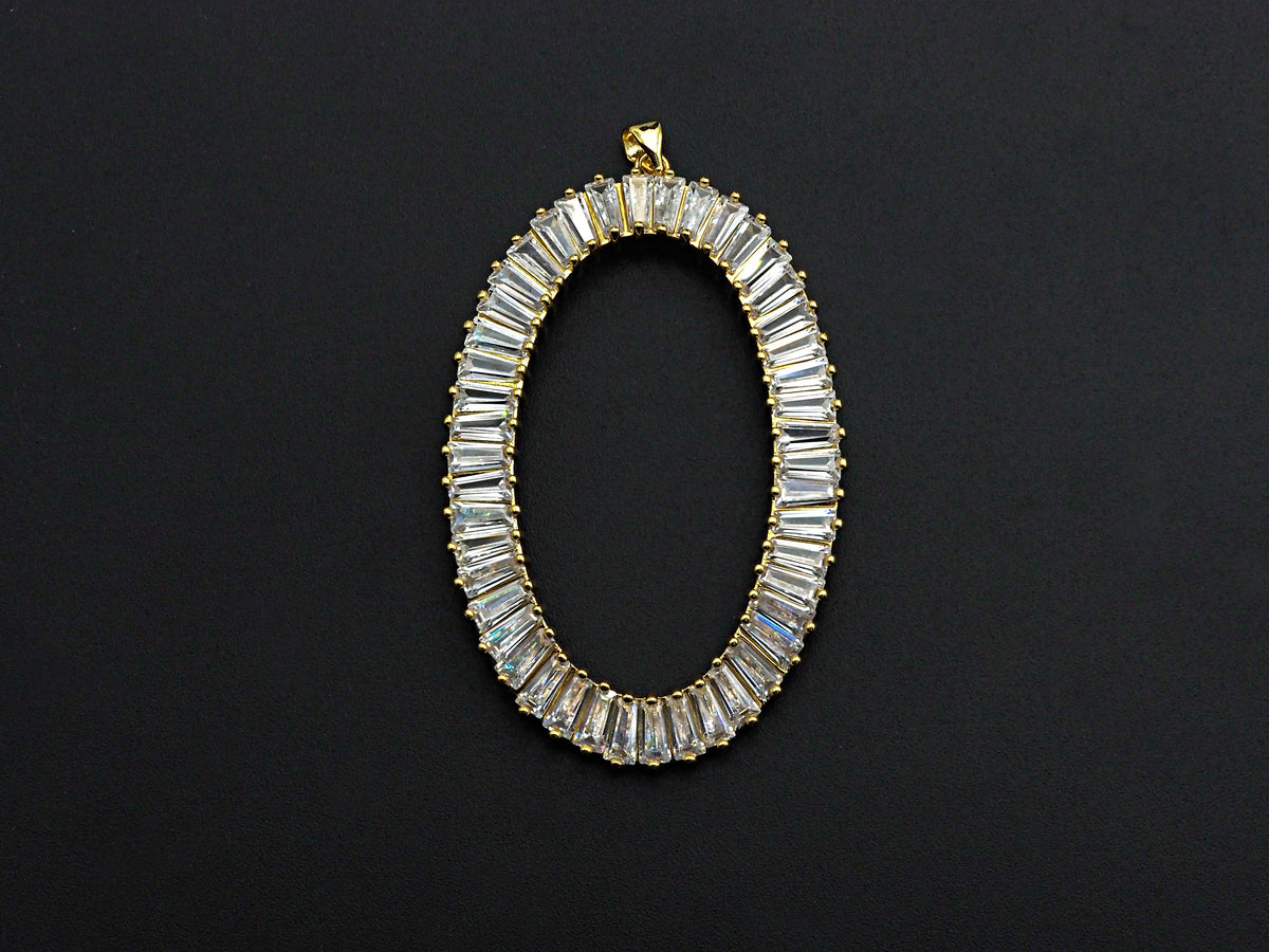 Large Micro Pave Bagette CZ Oval Pendant, Cubic Zirconia  O Shape Pendant, Silver/Gold Tone, 39x62mm, Sku#FH82