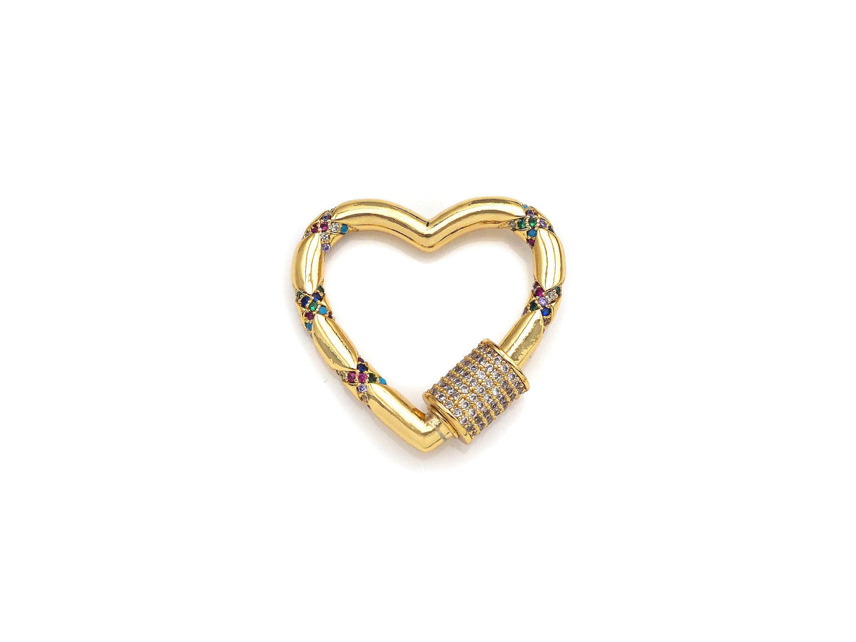 Gold Micro Pave Heart with Colorful CZ Cross Patten Clasp, Heart Lock, CZ Pave Gold Plated Clasp, 28x30mm,mm, sku#H267