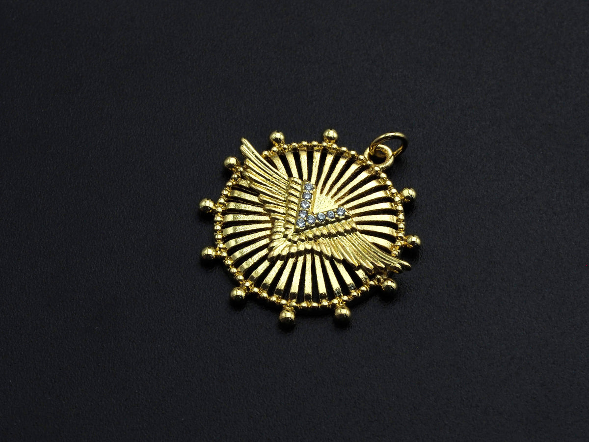 CZ Micro Pave Medallion Wing Pendant/Charm, 25x26mm, Sku#FH22