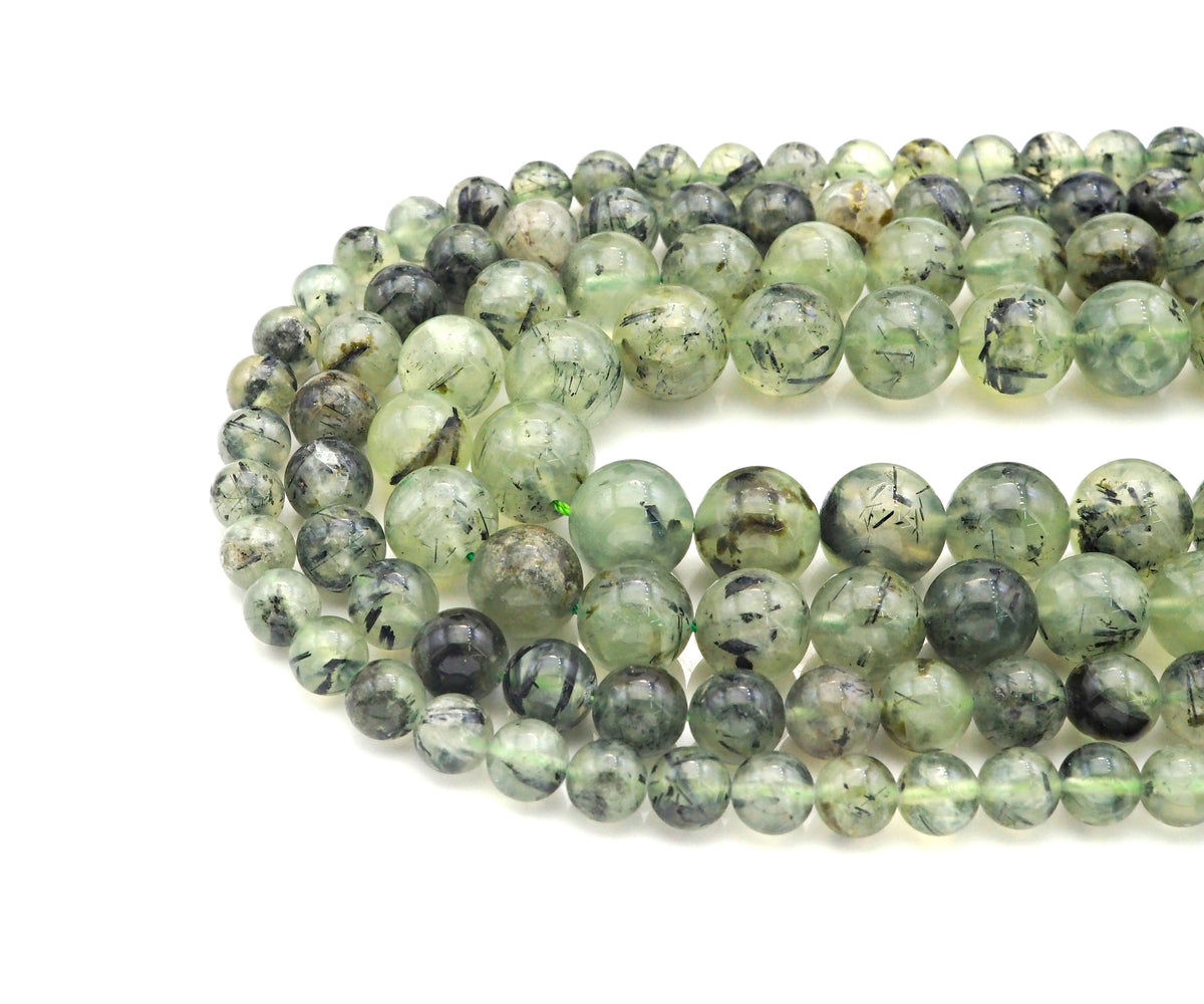 High Quality Tourmalated Prehnite Beads,6mm/8mm/10mm/12mm/14mm Round Smooth Beads, 15.5'' Full Strand, Sku#U1131