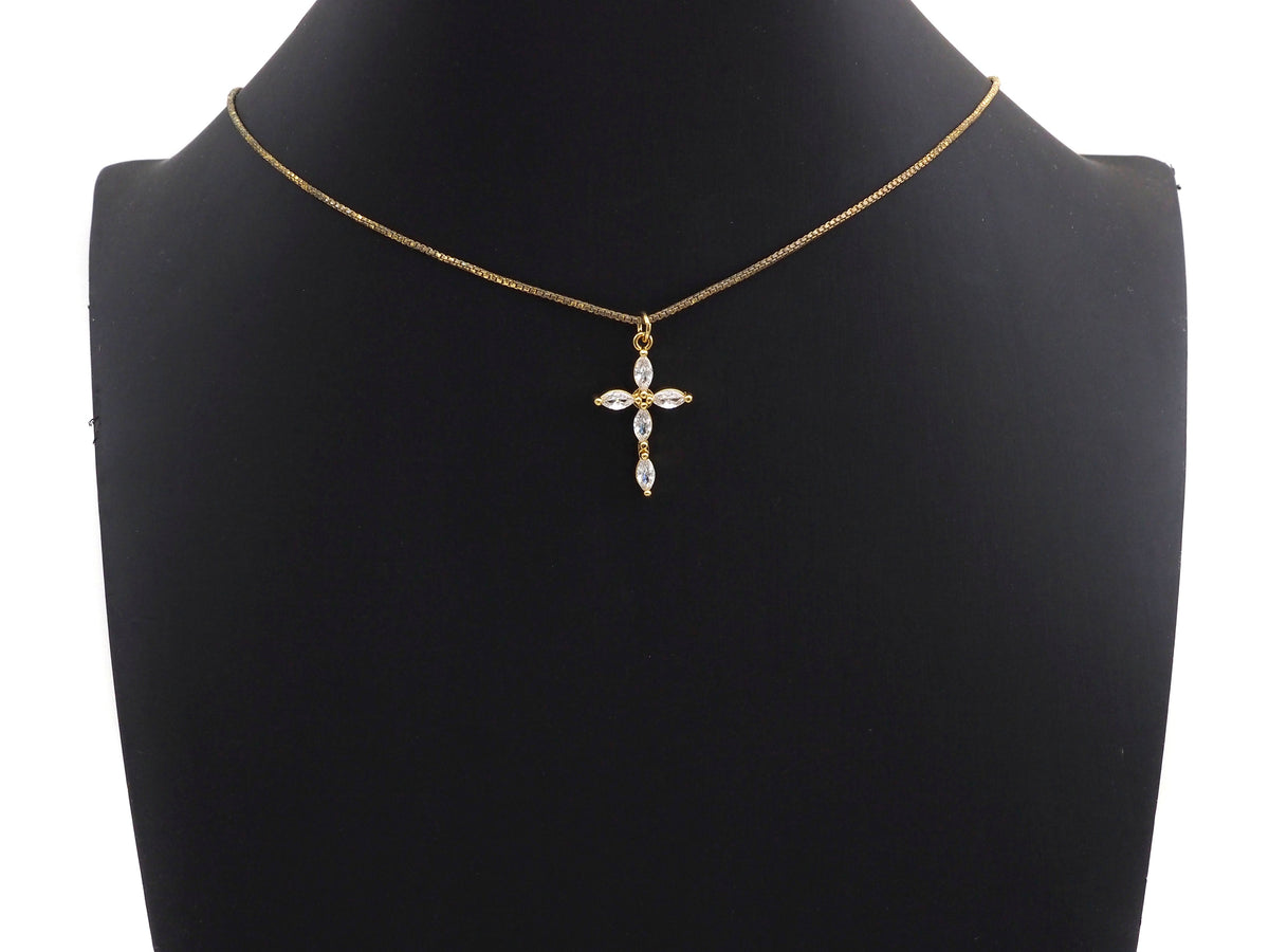Bagette CZ Micro Pave Cross Flower Pendant, Cubic Zirconia Cross Pendant, Gold Tone pendant, 17x28mm, sku#F1106