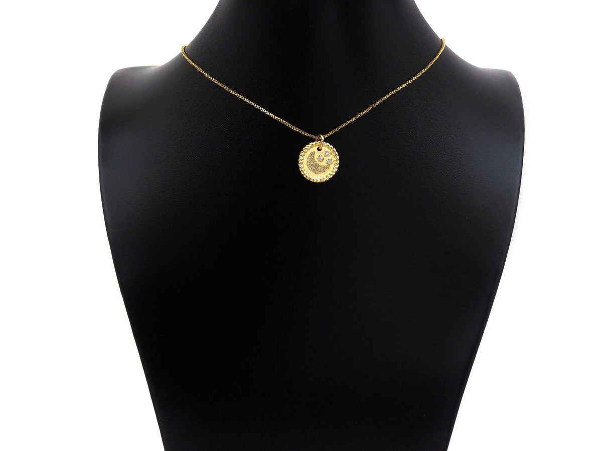 CZ Micro Pave Cresent Moon Star On Round Coin Pendant, Bracelet Necklace CZ  Round Coin Pendant Charm, Silver/Gold Tone,16x16mm,sku#L461