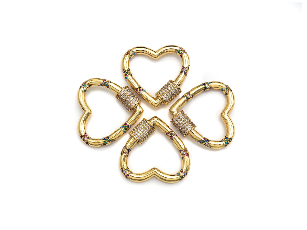 Gold Micro Pave Heart with Colorful CZ Cross Patten Clasp, Heart Lock, CZ Pave Gold Plated Clasp, 28x30mm,mm, sku#H267