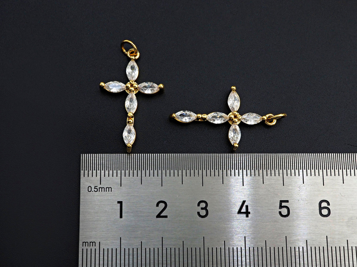 Bagette CZ Micro Pave Cross Flower Pendant, Cubic Zirconia Cross Pendant, Gold Tone pendant, 17x28mm, sku#F1106