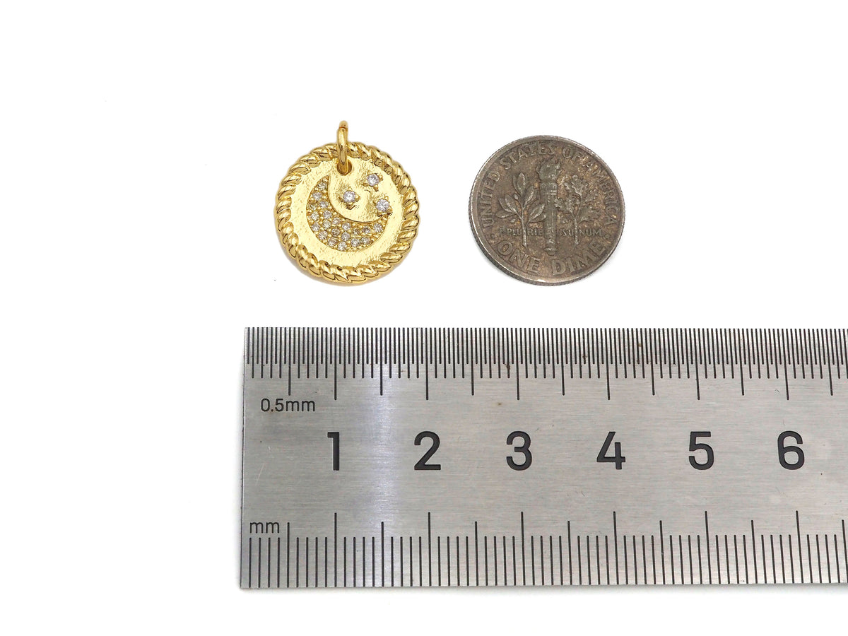 CZ Micro Pave Cresent Moon Star On Round Coin Pendant, Bracelet Necklace CZ  Round Coin Pendant Charm, Silver/Gold Tone,16x16mm,sku#L461