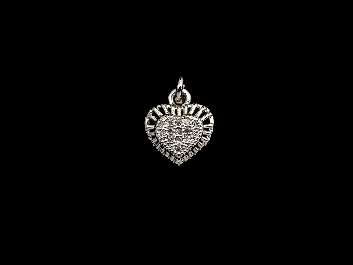CZ Micro Pave Heart Shaped Pendant/Charm with Lace Edge, Clear Cubic Zirconia Pave Charm, Silver/Gold Plated, 10x11mm, sku#F1136