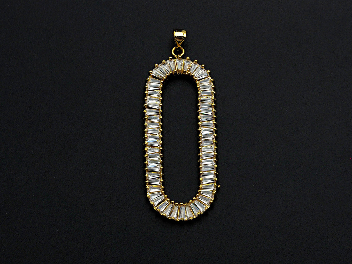 LARGE CZ Micro Pave Oval Clip Shape Pendant, Cubic Zirconia Frame Pendant, Silver/Gold Tone, 20x52mm, Sku#FH83