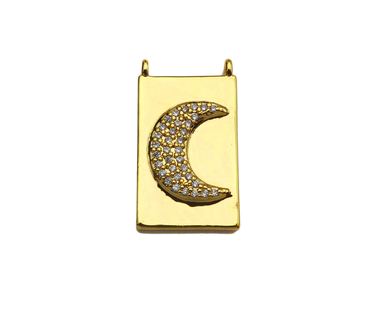 CZ Micro Pave Cresent Heart Star Cross On Rectangle Charms, Dainty Gold Charms Pendant, Rectangle Necklace Pendant, 12x21mm, Sku#F1346