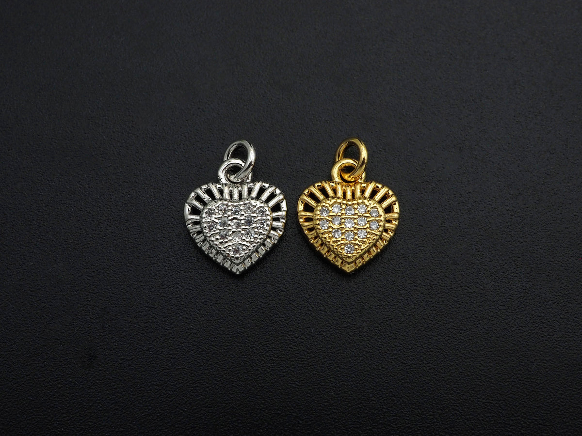 CZ Micro Pave Heart Shaped Pendant/Charm with Lace Edge, Clear Cubic Zirconia Pave Charm, Silver/Gold Plated, 10x11mm, sku#F1136