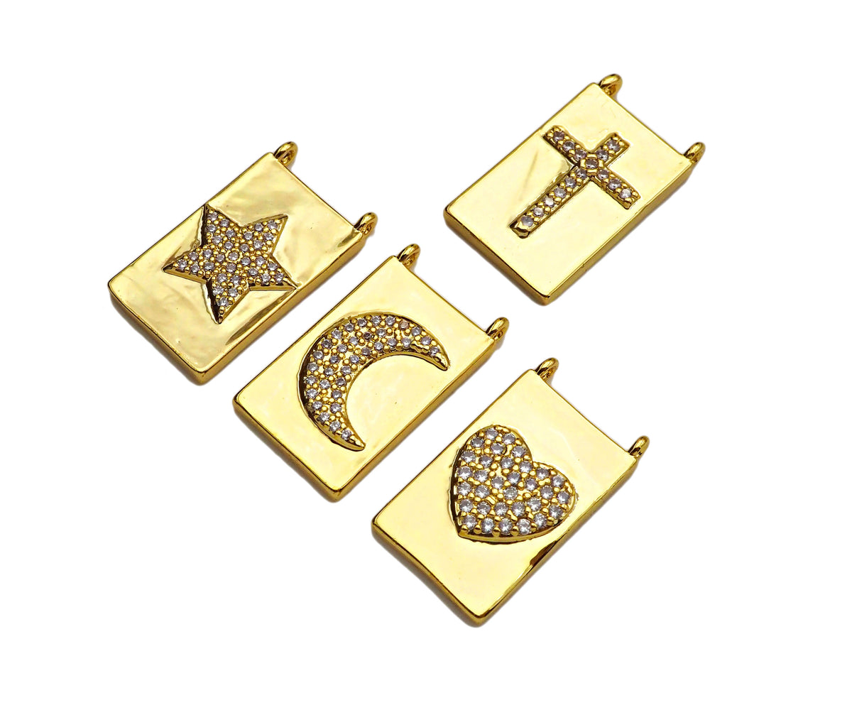 CZ Micro Pave Cresent Heart Star Cross On Rectangle Charms, Dainty Gold Charms Pendant, Rectangle Necklace Pendant, 12x21mm, Sku#F1346