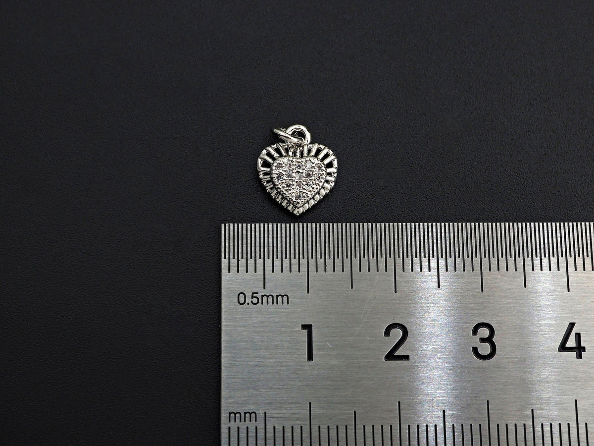 CZ Micro Pave Heart Shaped Pendant/Charm with Lace Edge, Clear Cubic Zirconia Pave Charm, Silver/Gold Plated, 10x11mm, sku#F1136
