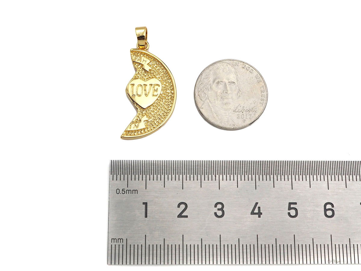 Love Heart On Cresent Moon Shape Pendant,18K Gold Charm, Necklace Bracelet Charm Pendant,16x30mm,Sku#FH164