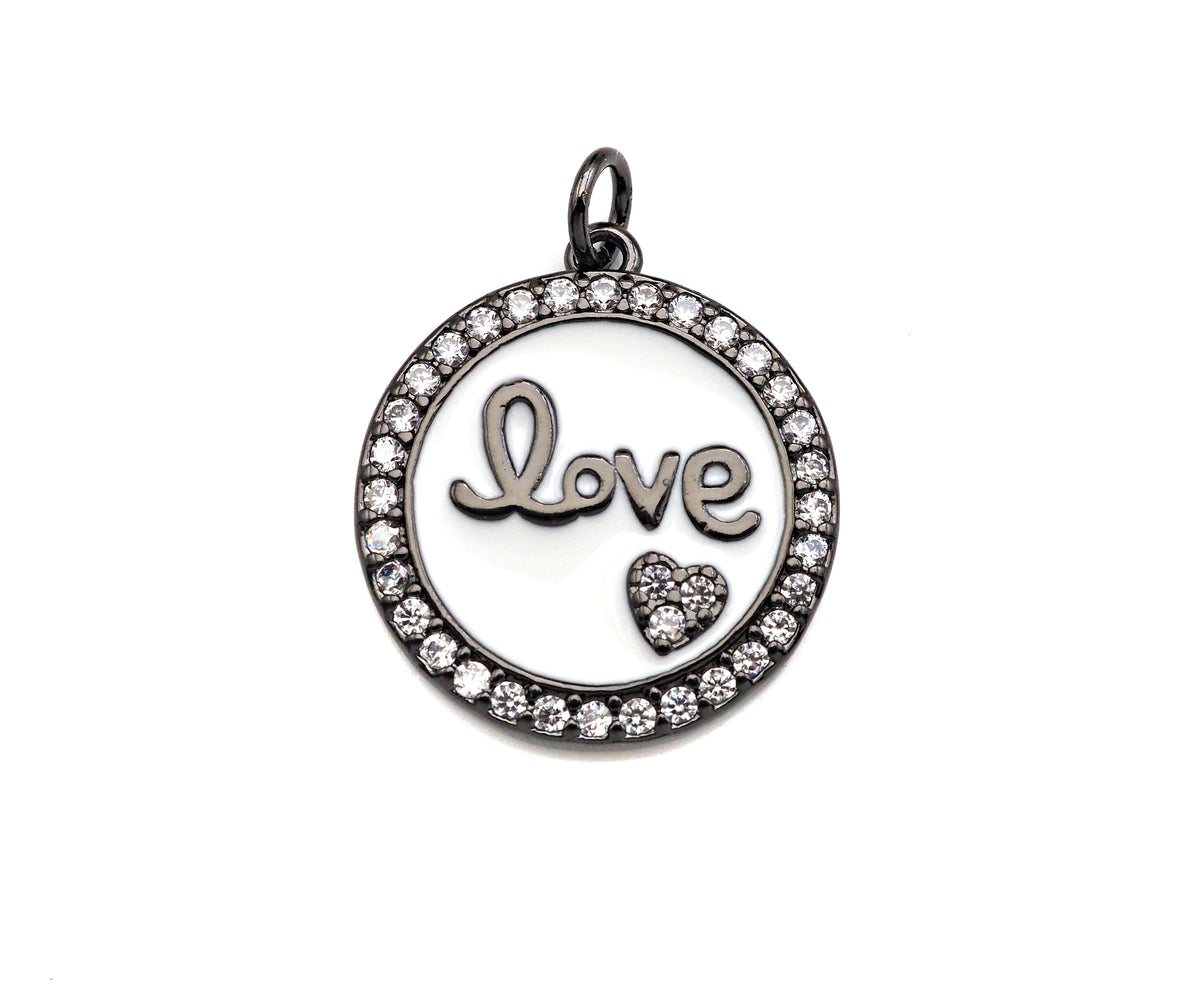 White Enamel Love with Pave Heart On Round Charms/Pendant, Enamel Pendant, Micro Pave CZ, Coin Enamel Jewelry Findings,19x21mm,Sku#FH147