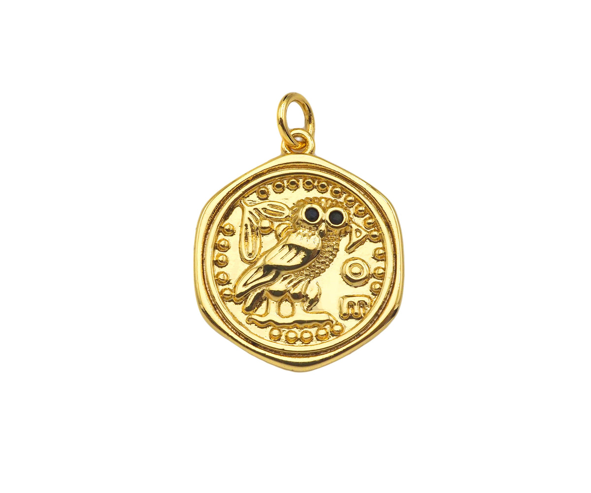 CZ Micro Pave Embossed Night Owl On Round Coin Shape Pendant, 18K Gold Medallion Charm, Necklace Bracelet Charm Pendant,18x22mm,Sku#FH165