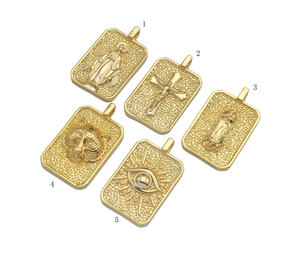 18K Dainty Gold Cross Evil Eye Vigin Mary On Rectangle Charm,Lion Head Medallion Charm, Necklace Bracelet Pendant,16x26mm, Sku#FH150
