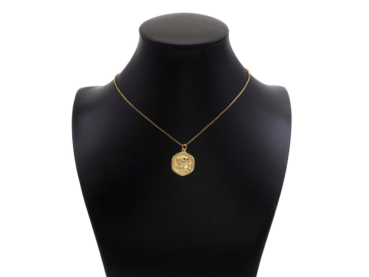 CZ Micro Pave Embossed Night Owl On Round Coin Shape Pendant, 18K Gold Medallion Charm, Necklace Bracelet Charm Pendant,18x22mm,Sku#FH165