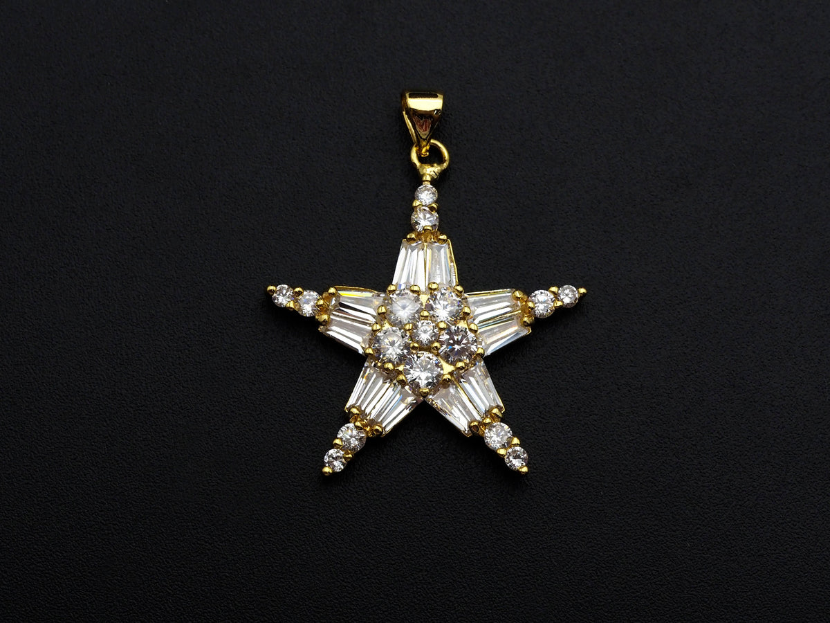 Bagette CZ Micro Pave Five Star Shape Pendant, Cubic Zirconia Pendant, Silver/Gold Tone, 30mm, Sku#FH67