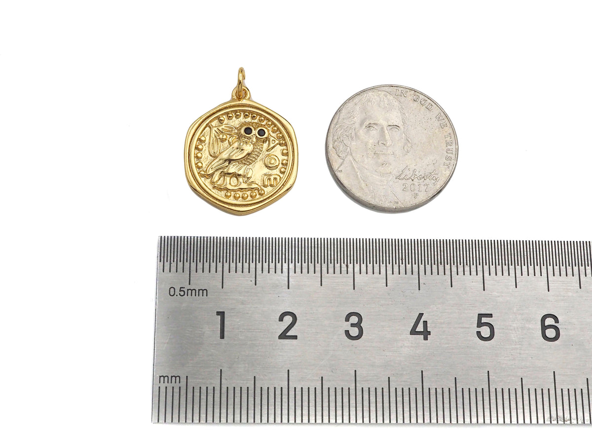 CZ Micro Pave Embossed Night Owl On Round Coin Shape Pendant, 18K Gold Medallion Charm, Necklace Bracelet Charm Pendant,18x22mm,Sku#FH165