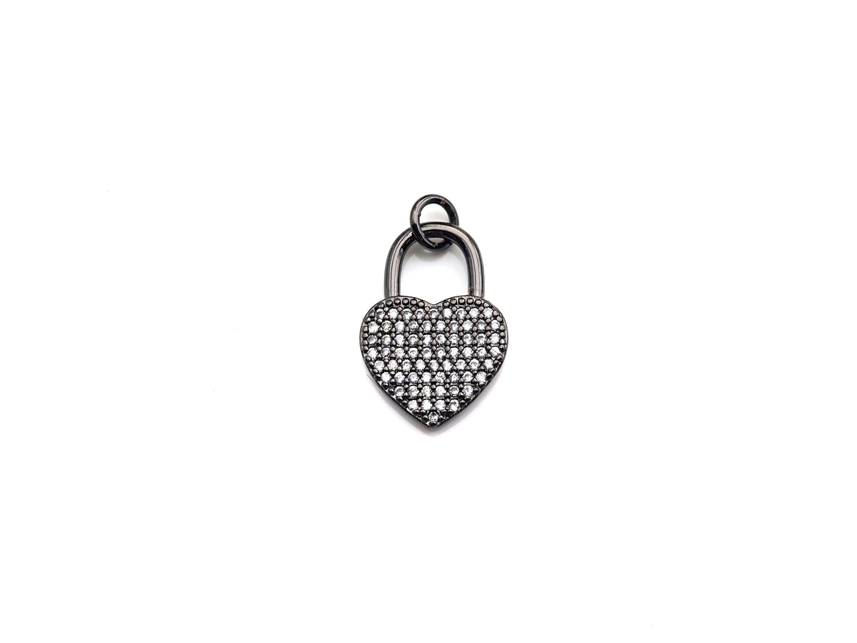 CZ Micro Pave Heart Lock Pendant, Cubic Zirconia Heart Pendant, Gold/Rose Gold/Black Tone pendant, 13x18mm, sku#F1124