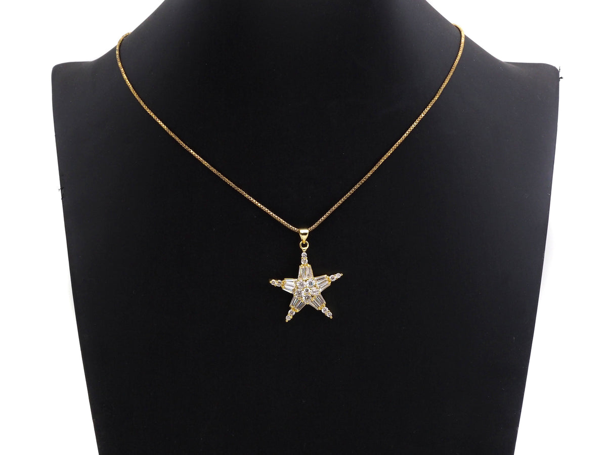 Bagette CZ Micro Pave Five Star Shape Pendant, Cubic Zirconia Pendant, Silver/Gold Tone, 30mm, Sku#FH67