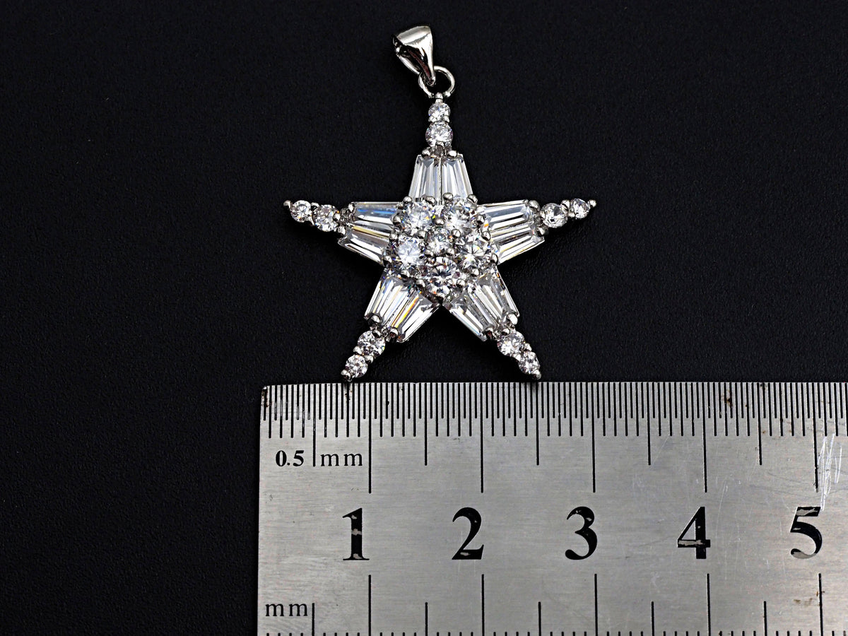 Bagette CZ Micro Pave Five Star Shape Pendant, Cubic Zirconia Pendant, Silver/Gold Tone, 30mm, Sku#FH67