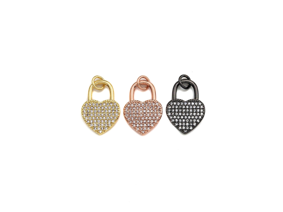 CZ Micro Pave Heart Lock Pendant, Cubic Zirconia Heart Pendant, Gold/Rose Gold/Black Tone pendant, 13x18mm, sku#F1124