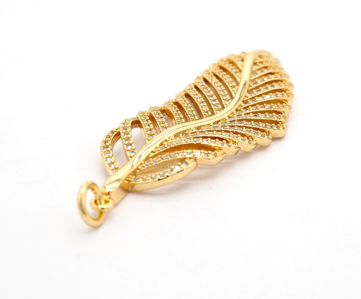 56mm Large CZ Micro Pave Leaf Pendant with Jump Ring, Gold/Silver/Black/Rose Gold Plated, Cubic Zirconia Leaf Pendant/Charm,sku#F512