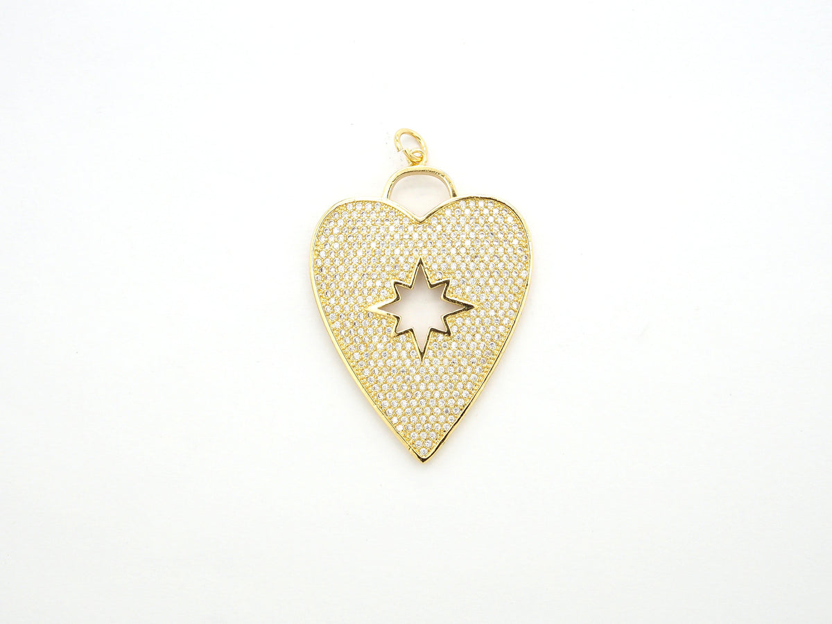 CZ Micro Pave Heart Pendant/Focal with Hollow out Star, Cubic Zirconia Large Heart Pendant Charm,48x33mm,sku#F519