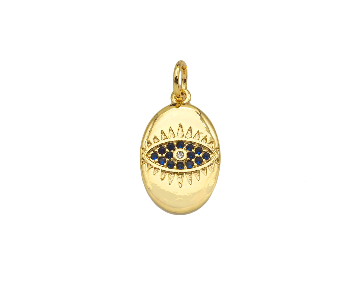 Cobalt Blue CZ Micro Pave Evil Eye On Oval Shape Pendant, 18K Gold Medallion Charm, Necklace Bracelet Charm Pendant,10x16mm,Sku#FH168