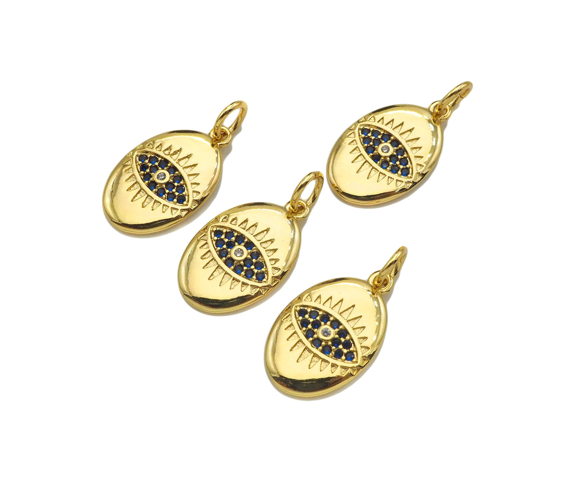 Cobalt Blue CZ Micro Pave Evil Eye On Oval Shape Pendant, 18K Gold Medallion Charm, Necklace Bracelet Charm Pendant,10x16mm,Sku#FH168