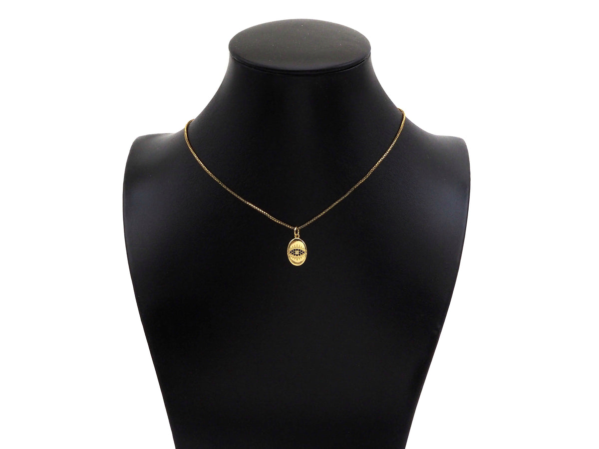 Cobalt Blue CZ Micro Pave Evil Eye On Oval Shape Pendant, 18K Gold Medallion Charm, Necklace Bracelet Charm Pendant,10x16mm,Sku#FH168