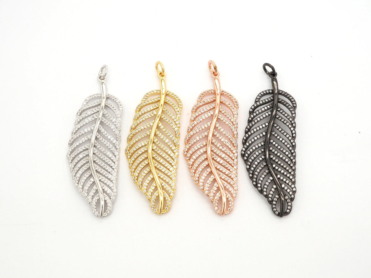 56mm Large CZ Micro Pave Leaf Pendant with Jump Ring, Gold/Silver/Black/Rose Gold Plated, Cubic Zirconia Leaf Pendant/Charm,sku#F512