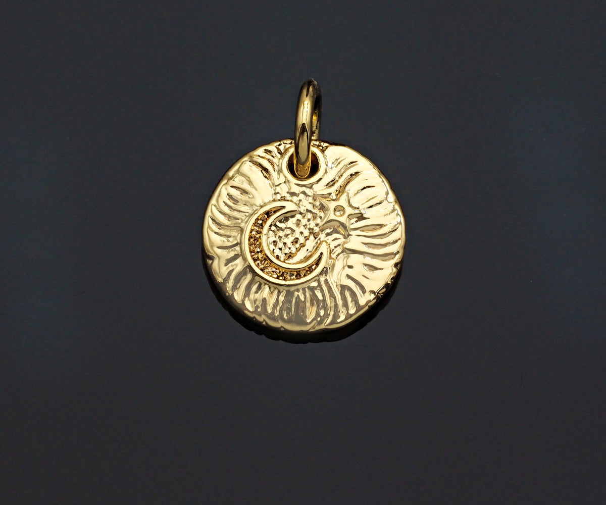 CZ Micro Pave Moon Star On Round Coin Shape Pendant, Gold/Silver Plated Jewelry, Necklace Bracelet Charm Pendant, 10mm,sku#F1230