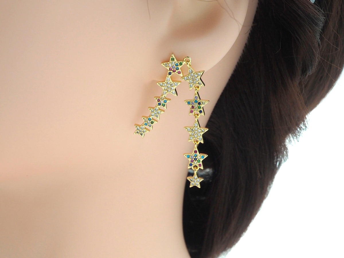 Colorful CZ Long Stars Hook Earring, Sku#J98
