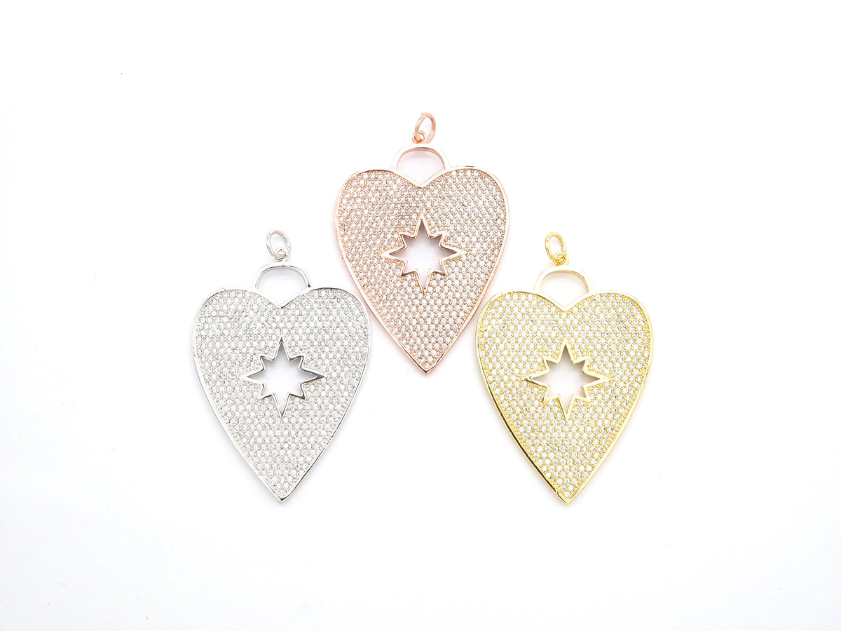 CZ Micro Pave Heart Pendant/Focal with Hollow out Star, Cubic Zirconia Large Heart Pendant Charm,48x33mm,sku#F519