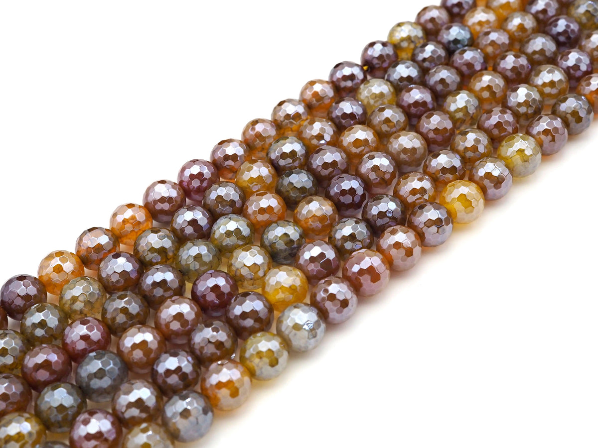 Mystic Golden Brown Faceted Fire Agate Beads, 6mm/8mm/10mm/12mm Silver Plated Fire Agate, 15.5'' Full Strand, SKU#UA207