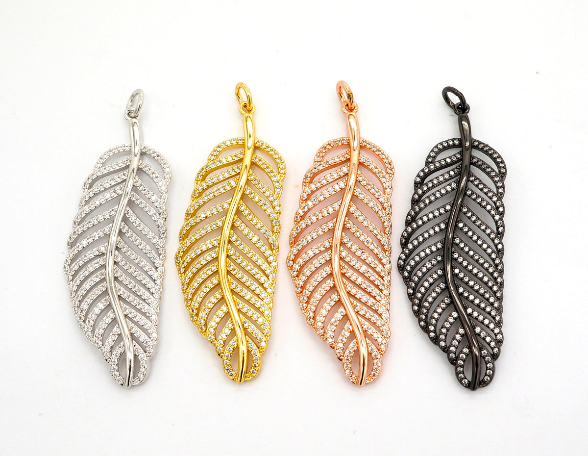56mm Large CZ Micro Pave Leaf Pendant with Jump Ring, Gold/Silver/Black/Rose Gold Plated, Cubic Zirconia Leaf Pendant/Charm,sku#F512