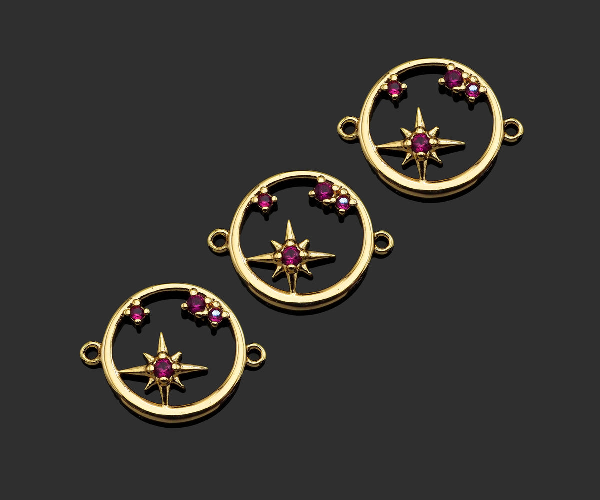 Gold Filled Fuchsia CZ Micro Pave North Star On Round Ring Shape Pendan,14k Gold Filled Charm, Necklace Bracelet Pendant,15x19mm,Sku#CP30