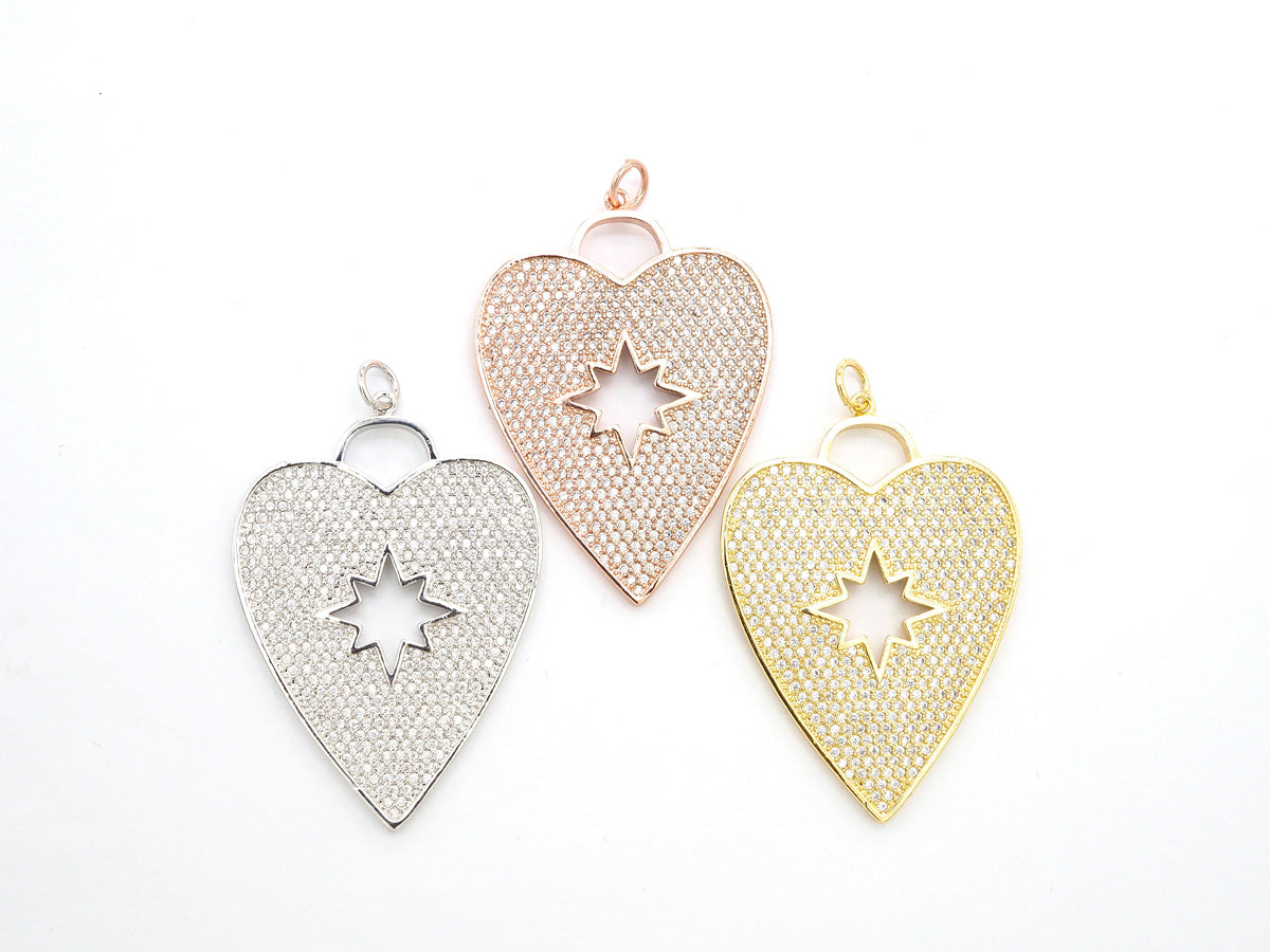 CZ Micro Pave Heart Pendant/Focal with Hollow out Star, Cubic Zirconia Large Heart Pendant Charm,48x33mm,sku#F519
