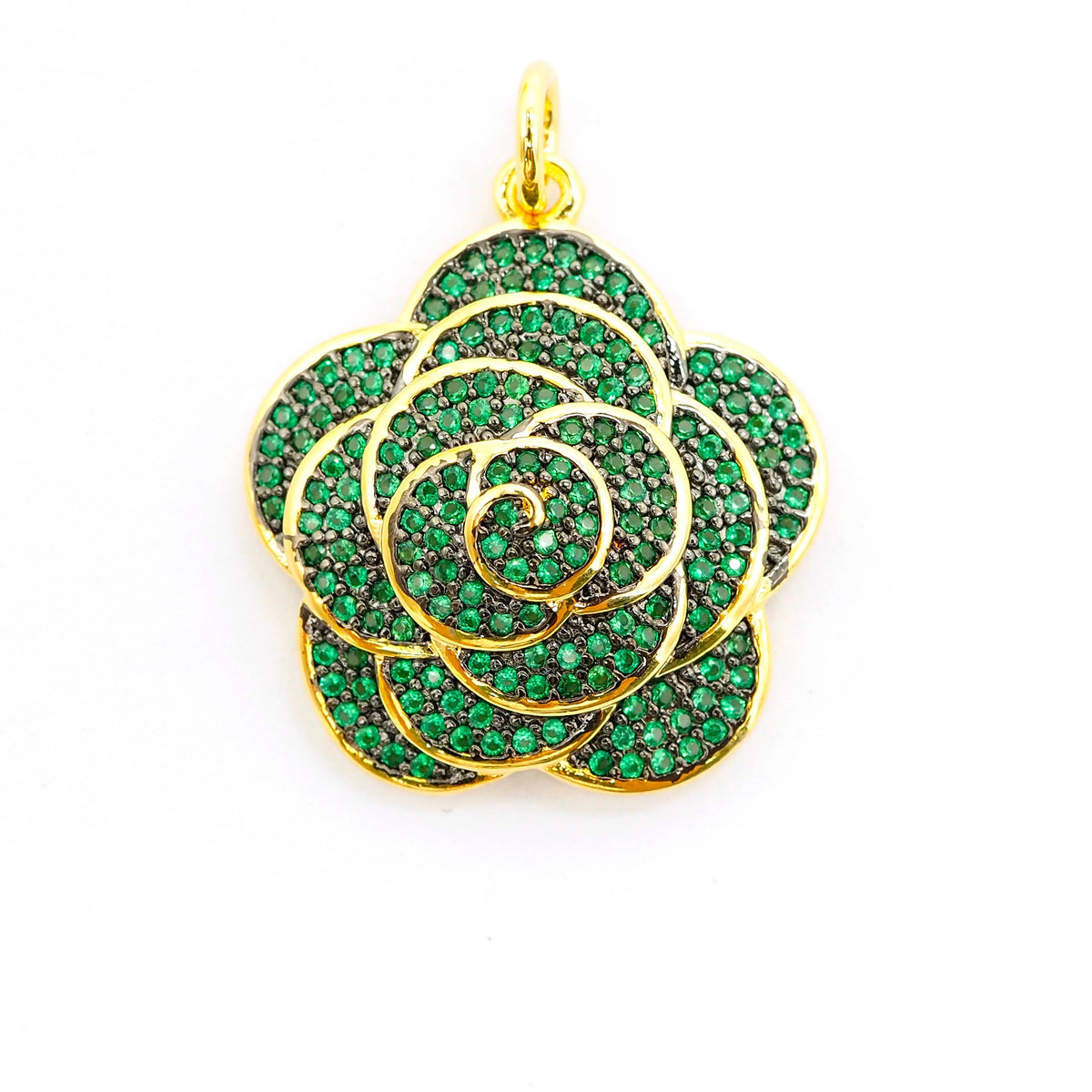 CZ Micro Pave 3D Rose Flower Pendant/Charm,Cubic Zirconia Paved Charm,Green/Fuchsia/Black,23x25mm,sku#F494